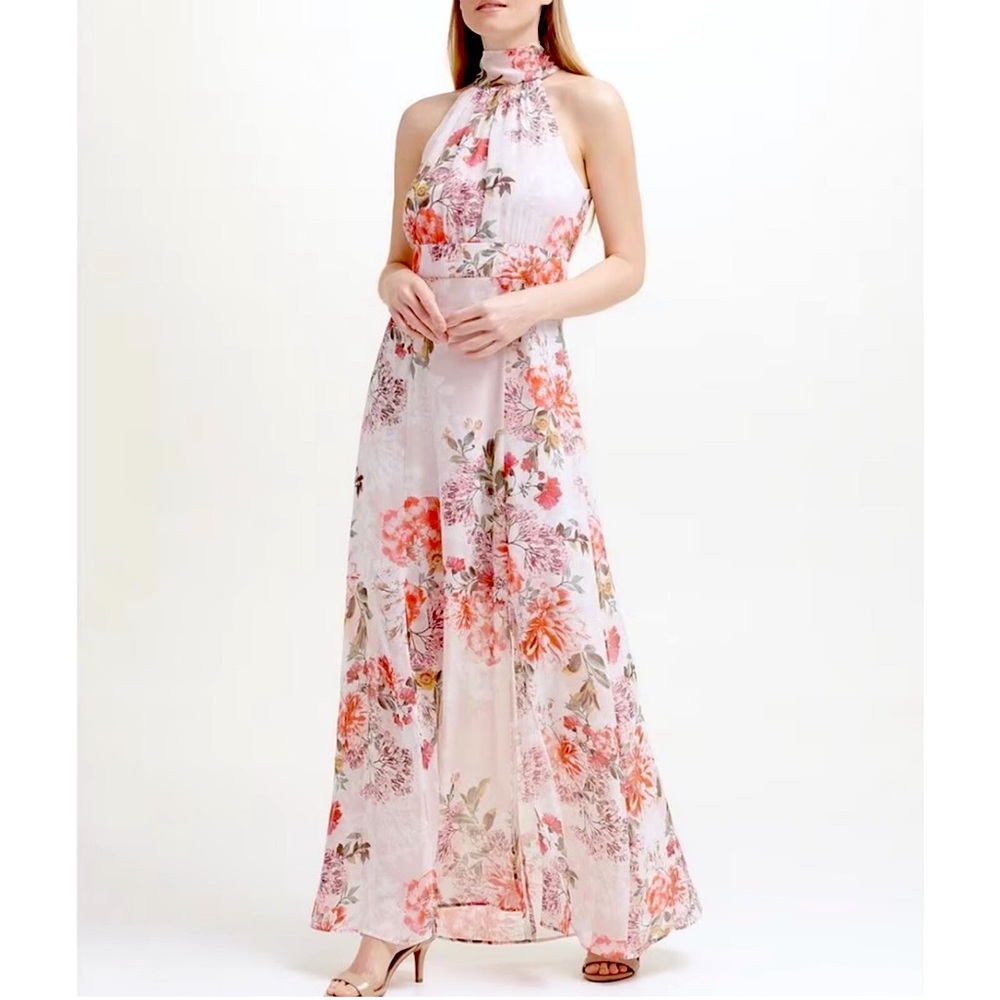 Eliza J Pink Floral Maxi Dress Halter High Neck Bow Tie A line Flare (M) Pink